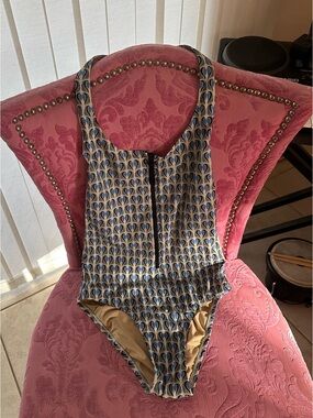 J Crew Blue & Cream Patterned One-Piece Swimsuit size 2